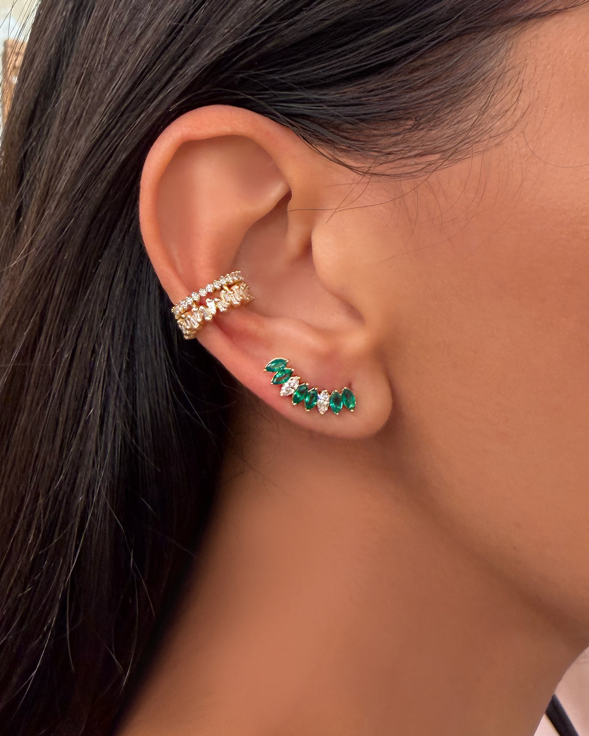 Tiara Climber Earring in Emeralds and Diamonds