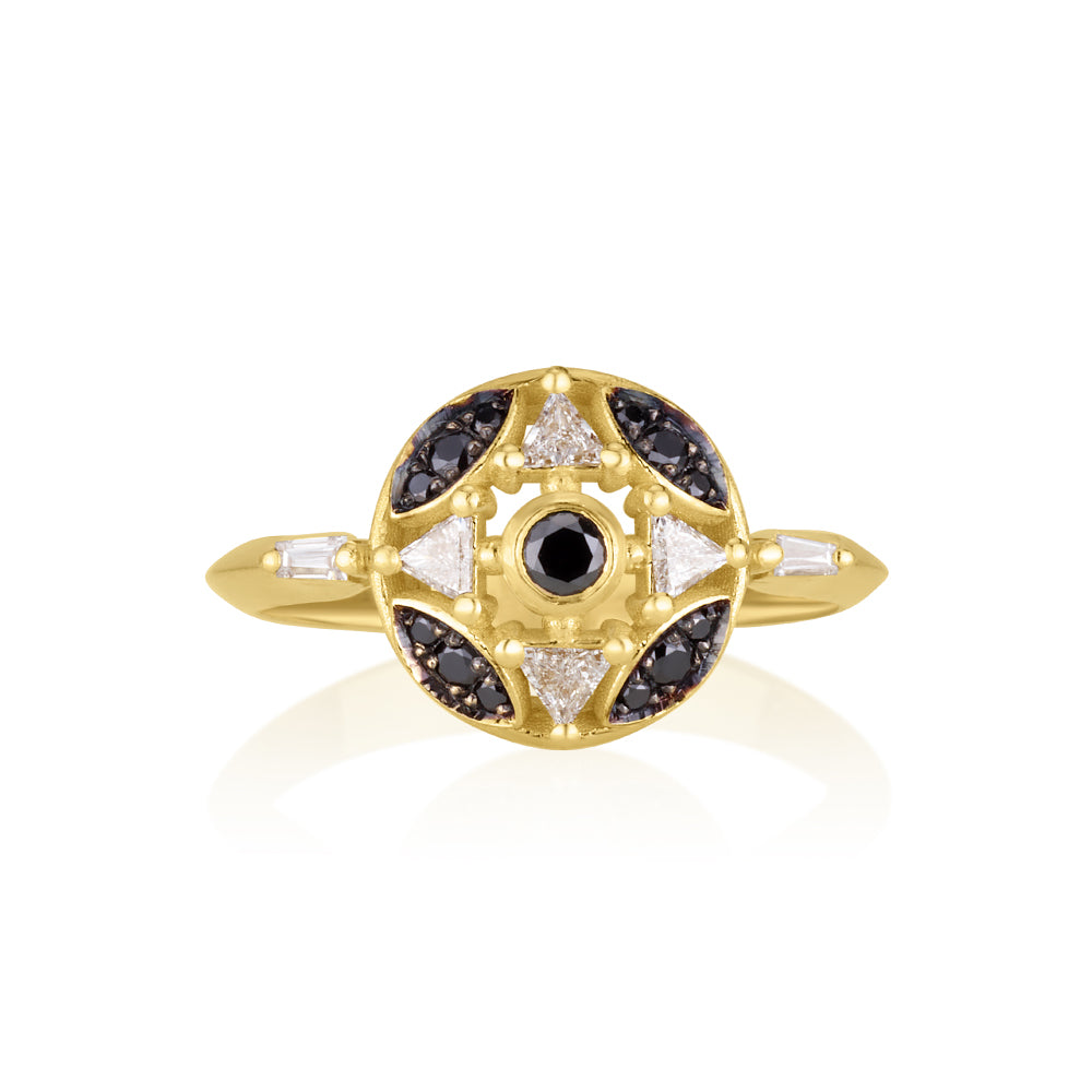Crossed arrows ring in black and white diamonds