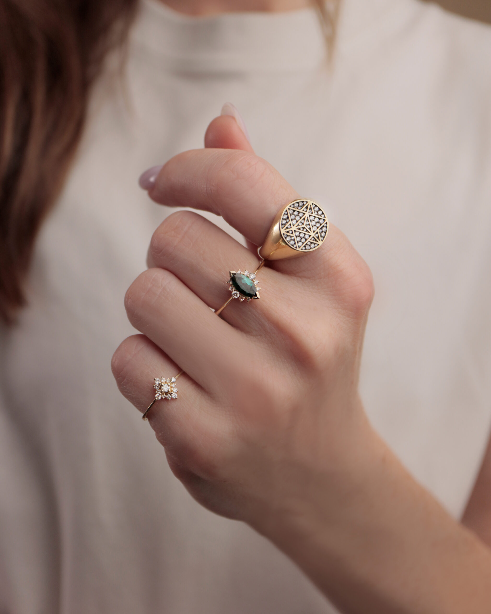 Geometric Star Stamp Ring in White Diamonds - Malka Jewelry